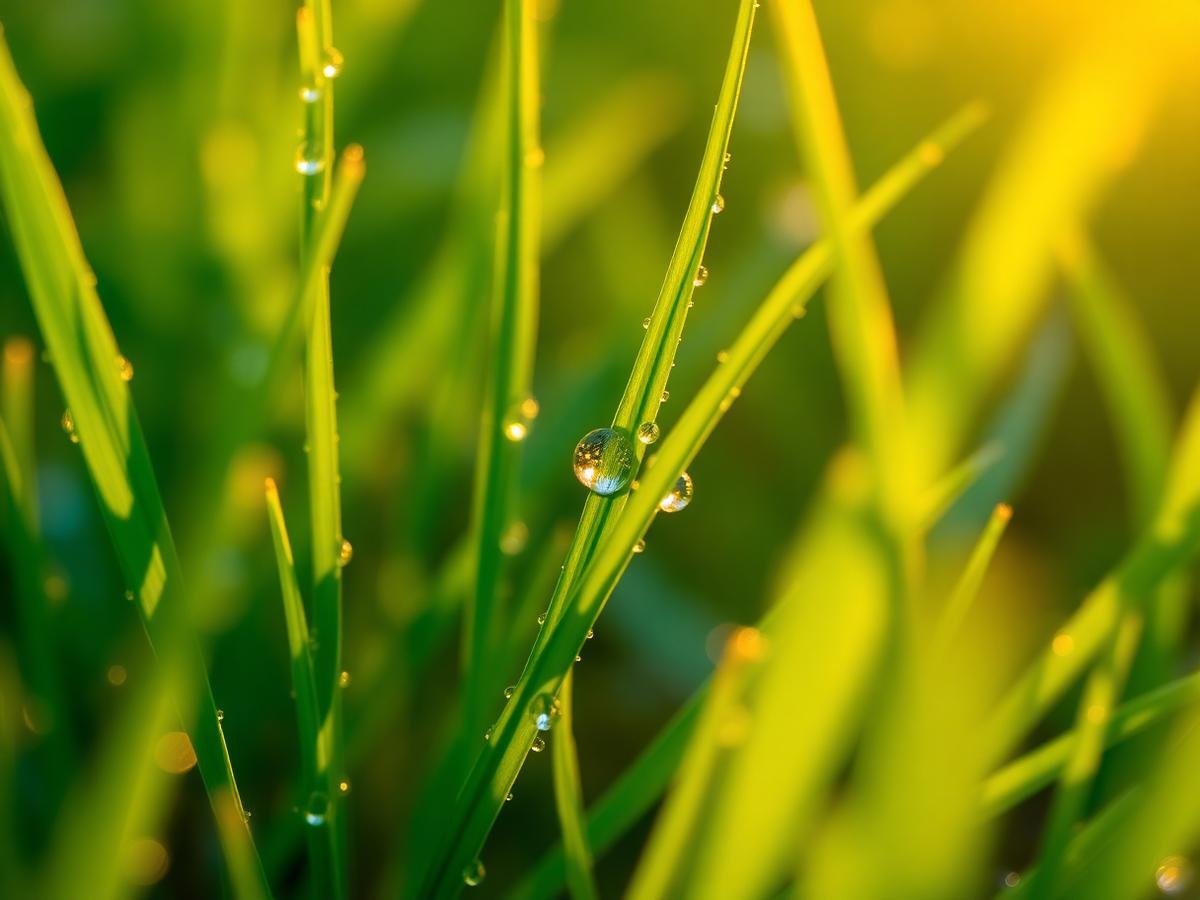 Close-up of dew on healthy green grass blades after a lawn care visit