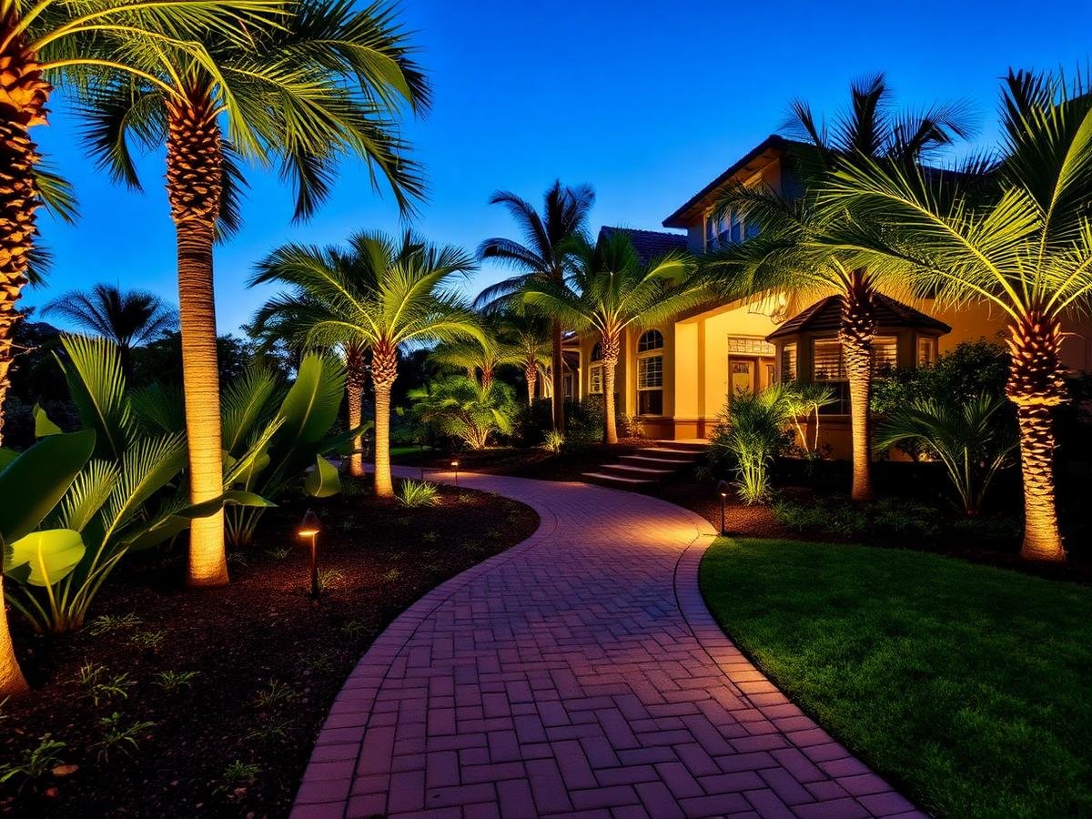Illuminated paver walkway through tropical garden beds at twilight