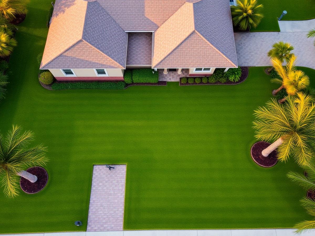 Aerial view of a manicured residential lawn and paver driveway