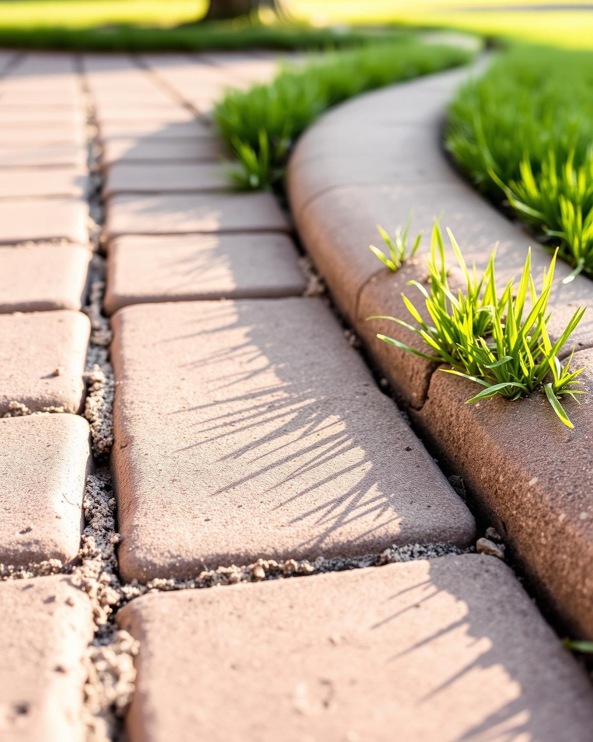 Detail of freshly laid paver stones beside a crisp lawn edge