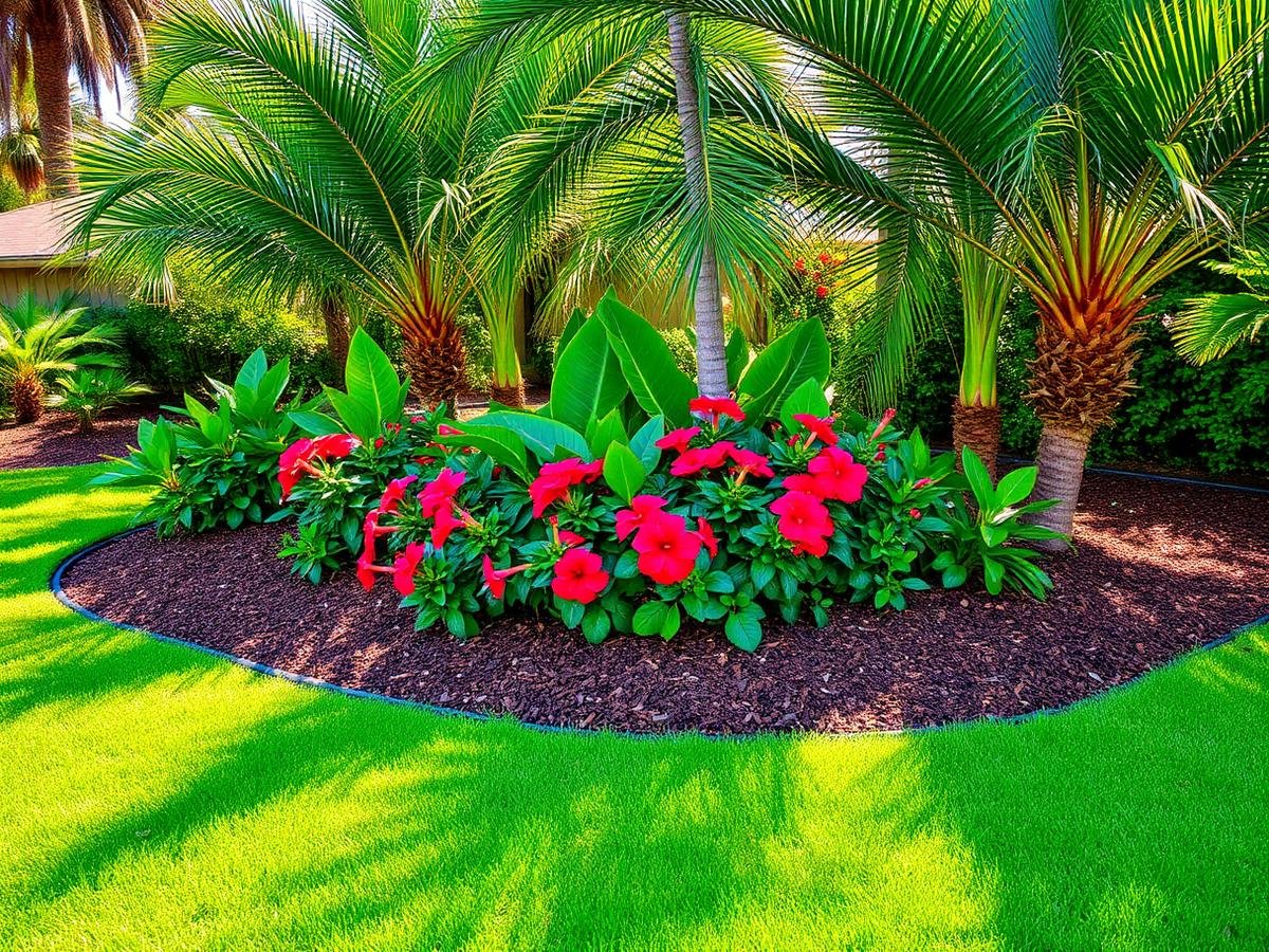 Tropical garden bed with red hibiscus and fresh mulch beside a green lawn