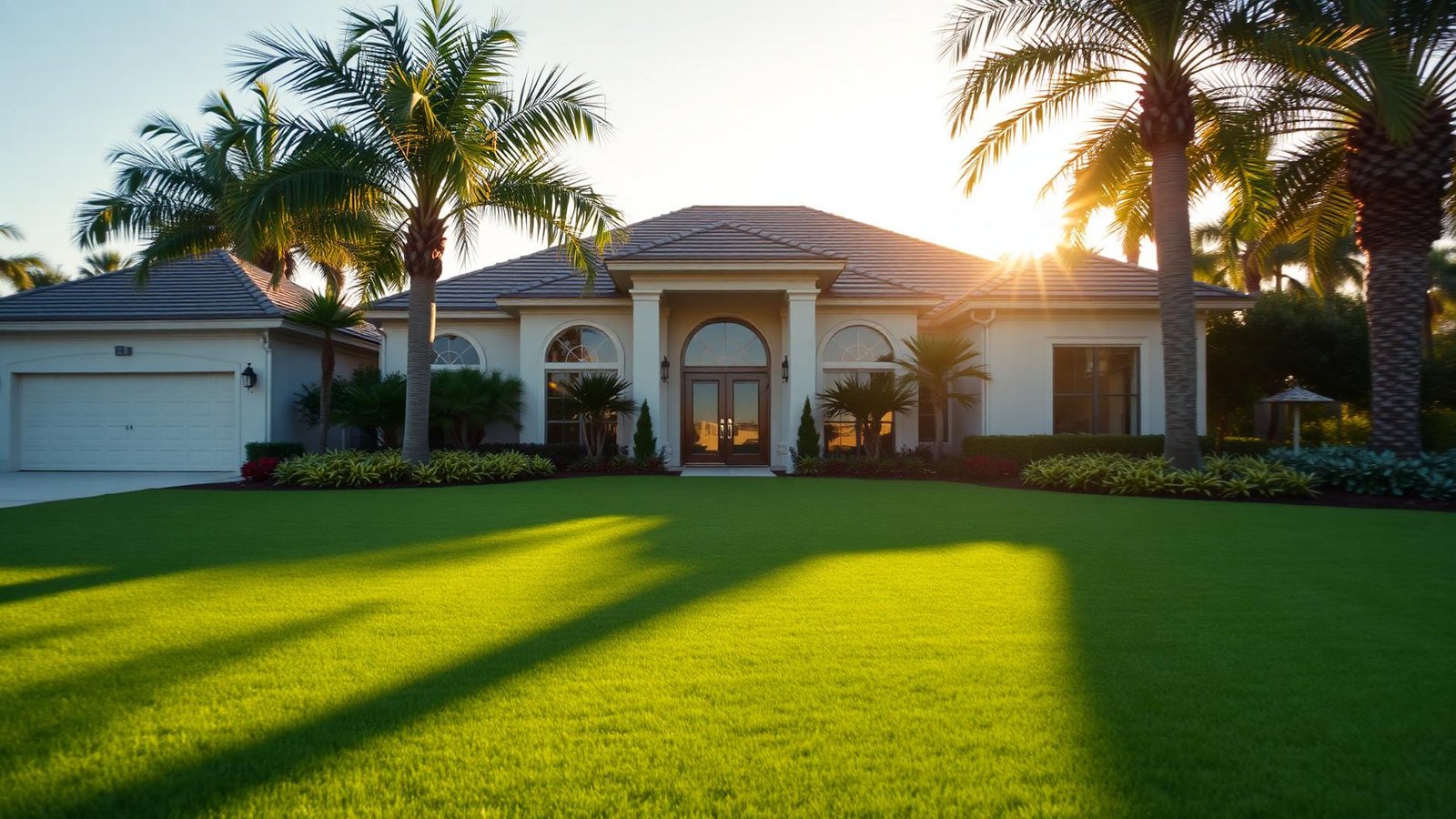 Manicured Florida lawn and landscaping in front of a luxury Fort Pierce home